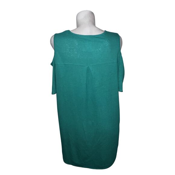 By Chicos Top Sz LP (2 Petite) Green Rayon Linen Blend Cold Shoulder Hi-Lo Tunic - Picture 5 of 6
